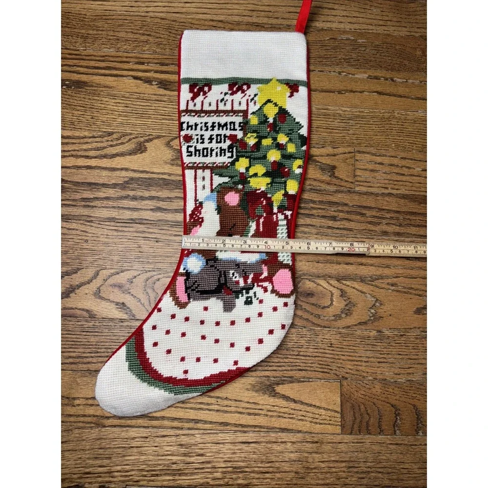 Vintage Needlepoint Christmas Stocking Sleeping Bear Red Velvet Left Hanging